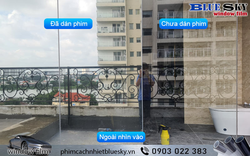 Giấy decal dán kính phản quang 10RE tạo hiệu ứng gương màu bạc khói, tăng sự riêng tư và chống nóng hiệu quả vào ban ngày
