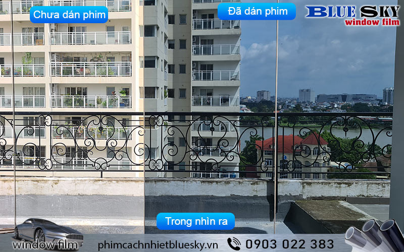 Bên trong nhìn ra qua decal phản quang 10RE có tầm nhìn rõ nét, giảm phản gương và hạn chế chói do ánh nắng mặt trời