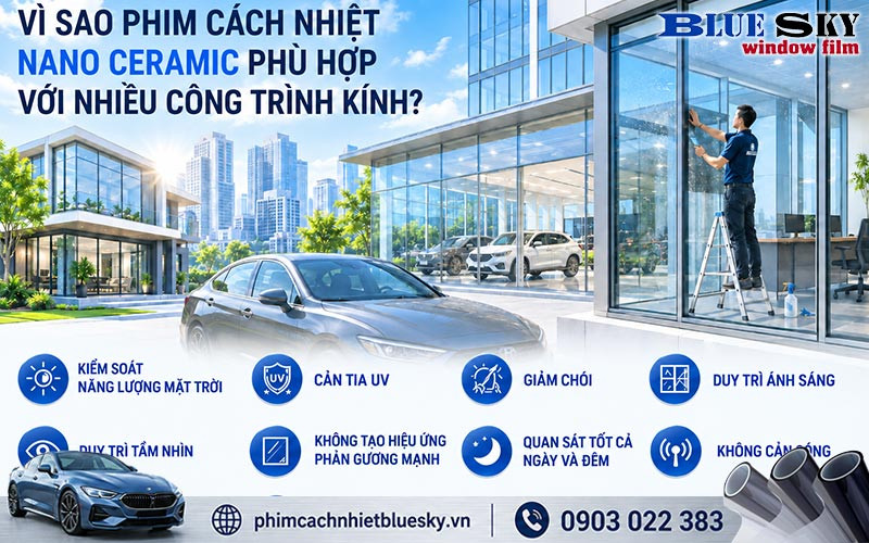 Phim cách nhiệt Nano Ceramic phù hợp với nhiều công trình kính nhờ khả năng chống nóng, cản tia UV, giảm chói và duy trì tầm nhìn