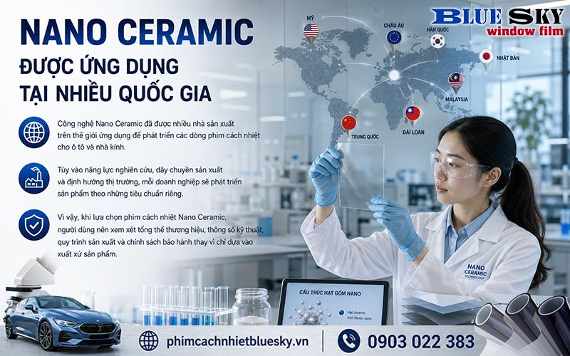 Công nghệ Nano Ceramic được nhiều quốc gia ứng dụng để sản xuất phim cách nhiệt cho ô tô và nhà kính với tiêu chuẩn khác nhau
