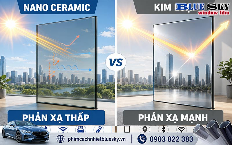 Nano Ceramic kiểm soát tia hồng ngoại bằng hạt gốm, còn phim kim loại chủ yếu phản xạ bức xạ mặt trời