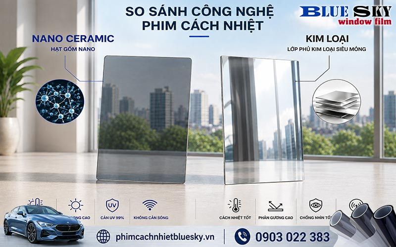 Phim Nano Ceramic dùng hạt gốm nano, trong khi phim kim loại phủ kim loại mỏng để phản xạ nhiệt