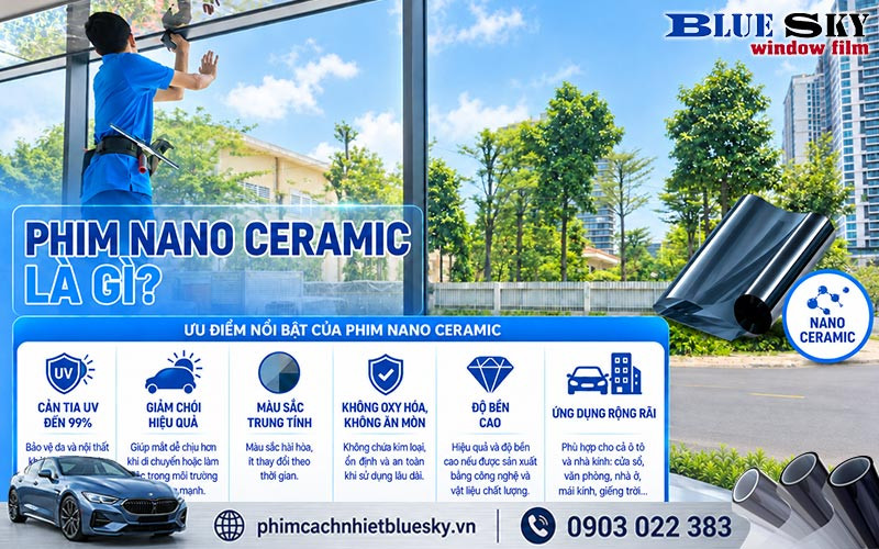 Phim cách nhiệt Nano Ceramic sử dụng hạt gốm nano để cản nhiệt, giảm tia UV và duy trì tín hiệu ổn định qua kính