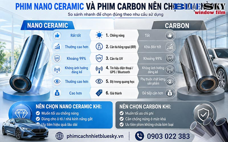 So sánh phim Nano Ceramic và Carbon về khả năng chống nóng, cản tia UV, tín hiệu, độ bền và chi phí sử dụng