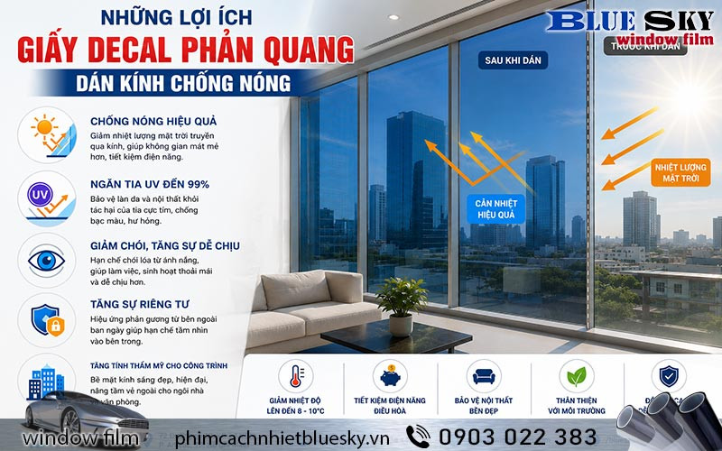Giấy decal phản quang chống nóng mang lại khả năng chống nóng, giảm chói và bảo vệ nội thất
